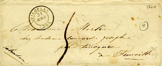 Enveloppe de courrier expdi le 31/8/1844  Viroflay, reu  Trouville le lendemain. (coll. part.)