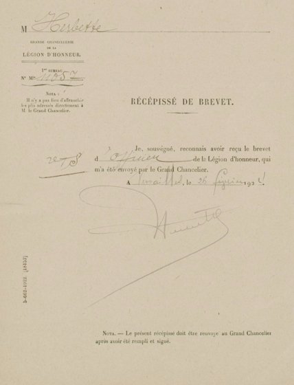 Récépissé du Brevet d’officier de la Légion d’Honneur signé de la main du Cdt Herbette. - 24.7 ko