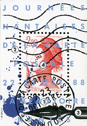 Carte-souvenir des JNCP, La Beaujoire, 22-23 octobre 1988. Cration Alain Le Quernec. Ed.  Cartophiles du Pays Nantais. CP numrote 00229  CPN165
