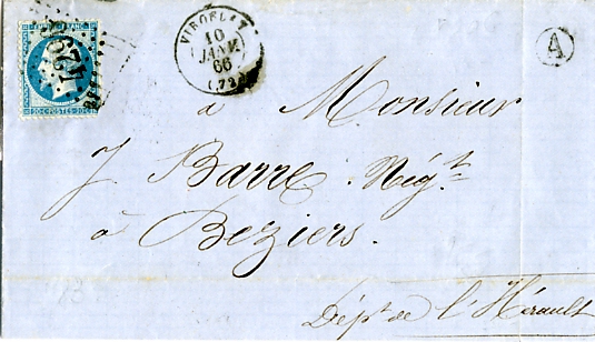 Enveloppe (feuille plie cachete  la cire)d’un message expdi de Viroflay le 10 janvier 1866. (coll. part.)