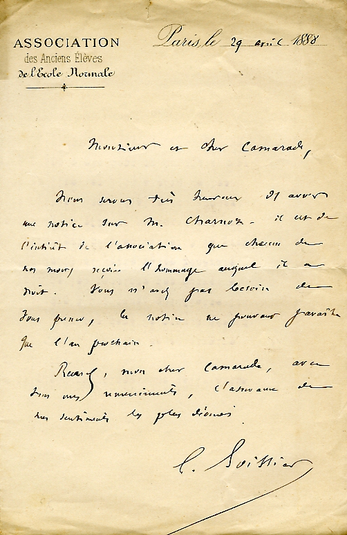 Autographe de Gaston Boissier sur papier  en-tte des Anciens de l’Ecole Normale Suprieure, rue d’Ulm. 29 avril 1888 (coll. part.)