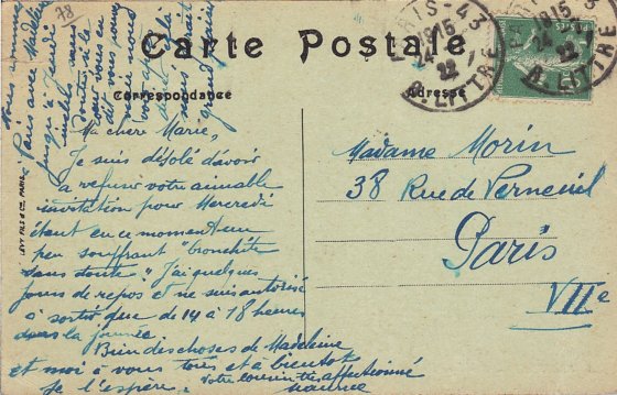 Correspondance, adressée le 22 juillet 1922 par Maurice Biju-Duval,  associée à la carte précédente.