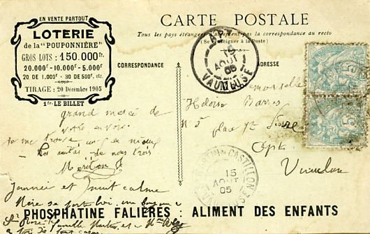 Dos de la CPA précédente avec annonce de loterie et publicité pour la phosphatine Falières.CPA circulée le 15 août 1906.
