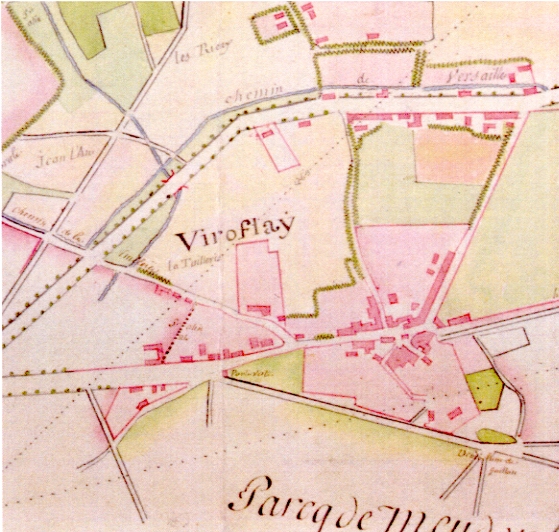Détail du plan centré sur le village. On reconnait le groupe de maisons au carrefour de l’église, le clos Boisseau et l’amorce de la route de Chaville à droite (Boissier) et la rue rectiligne descendant vers la vallée à la Grâce de Dieu (Dailly). Vers l’ouest, à gauche, les demeures Vigor et la Source font face à une pointe de prés (Bertisettes) et bordent la route de la tuilerie (Corby) vers le Chesnay. La route de Meudon, longeant le bois, est bien définie et longe Gaillon par le sud. Le nord est en haut de l’image.