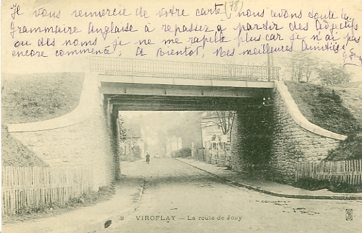 Le pont ferroviaire de la route de Jouy. CPA  édition EFS collection Viroflay n°9, circulée le 30/09/1907, dos blanc (collection particulière)