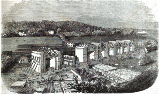 Travaux du viaduc de Viroflay.  Gravure. L’Illustration, journal universel, n° du 3 janvier 1852. Coll. pers.