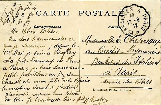 Mme Couture rend compte de sa villégiature à Viroflay, 8 rue de la Saussaie, de mai à juin 1912. CPA n° 1791, E. Malcuit, Paris. Circulée le 17 juin 1912. (coll. part.)