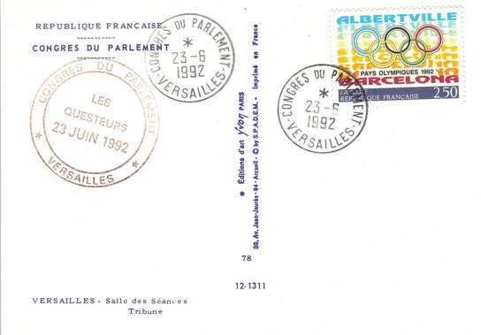 Dos de la carte, marqu des cachets du 23 juin 1992.