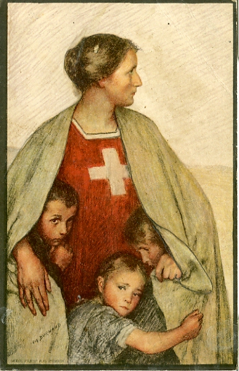 La Mère-Patrie dont le vêtement porte la croix blanche helvétique, contretype du symbole de la Croix-Rouge. Henry Dunant figure au même niveau que Guillaume Tell. Croix rouges et blanches alternent sur la frise.
