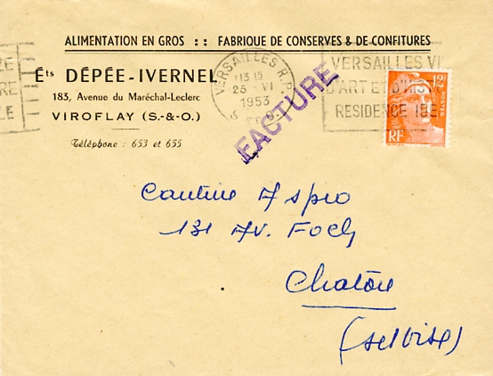 Enveloppe commerciale Dépée-Ivernel , alimentation en gros et conserves, 183 av. Maréchal (sic) Leclerc, affranchissement à 12F le 25/06/1953. (coll. part.)