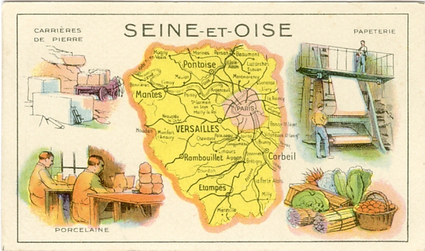 La Seine-et-Oise était un département immense, qui entourait Paris et le département de la Seine. Sa préfecture était à Versailles. Il est intéressant de noter les points forts mis en avant, carrières de pierre, papeterie, porcelaine et produits maraîchers.(image bon-point)