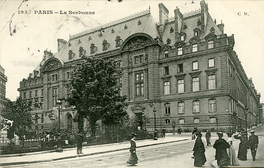Vue générale de la façade de la Sorbonne, côté rue des Ecoles.