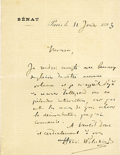 Autographe de Henri Welschinger, sur papier à en-tête du Sénat. 11 janvier 1893. (coll. part.)
